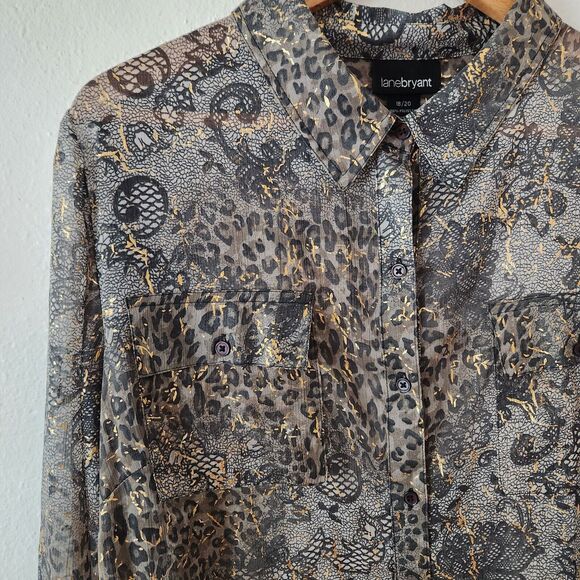 Lane Bryant Mixed Print Leopard Lace Paisley Gold Long Sleeve Button Down 18/20 - Picture 5 of 9